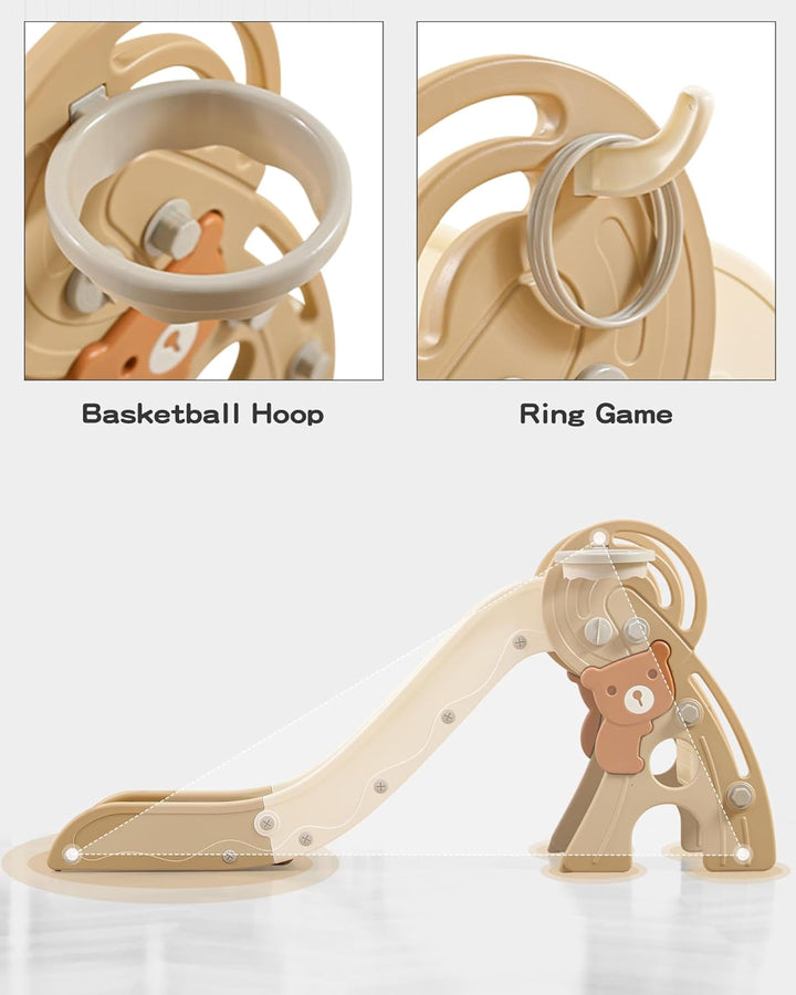 4 in 1 Toddler Slide,Freestanding Kid Slides,Baby Plastic Foldable Slides with Basketball Hoop and Ball,Indoor and Outdoor Toddler Playground Slide (Brown)