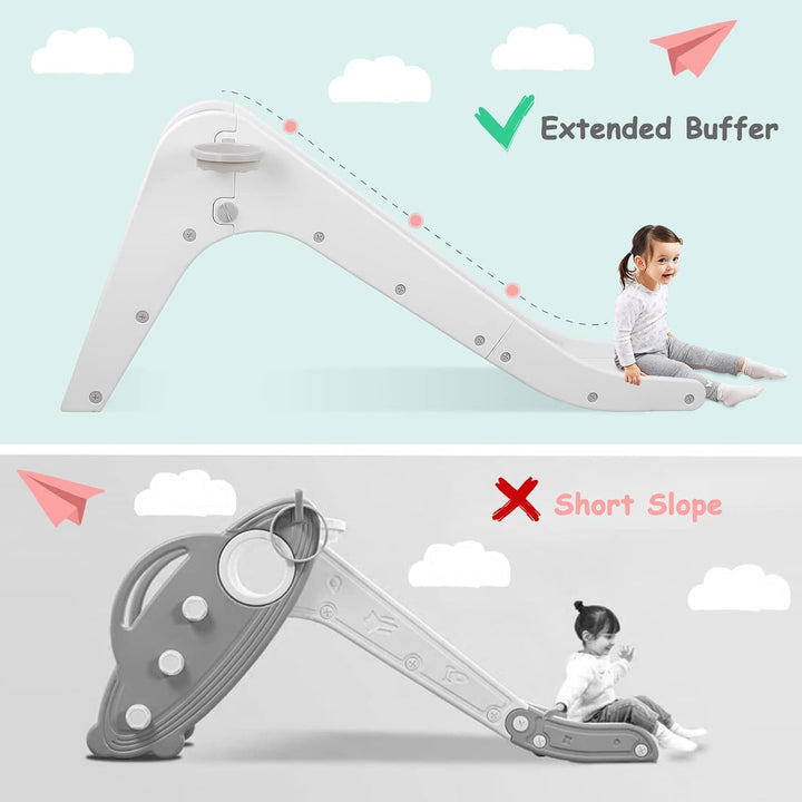 Freestanding Kids Slide, Toddler Slide Climber with Basketball Hoop & Ball, Baby Playset W/Long Slope, for Boys and Girls Birthday, Sturdy Playground Toy for Indoor Outdoor (Grey White)