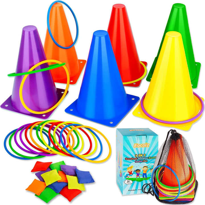 3 in 1 Carnival Games Set, Soft Plastic Cones Bean Bags Ring Toss Games for Kids Birthday Party Outdoor Games Supplies Combo Set