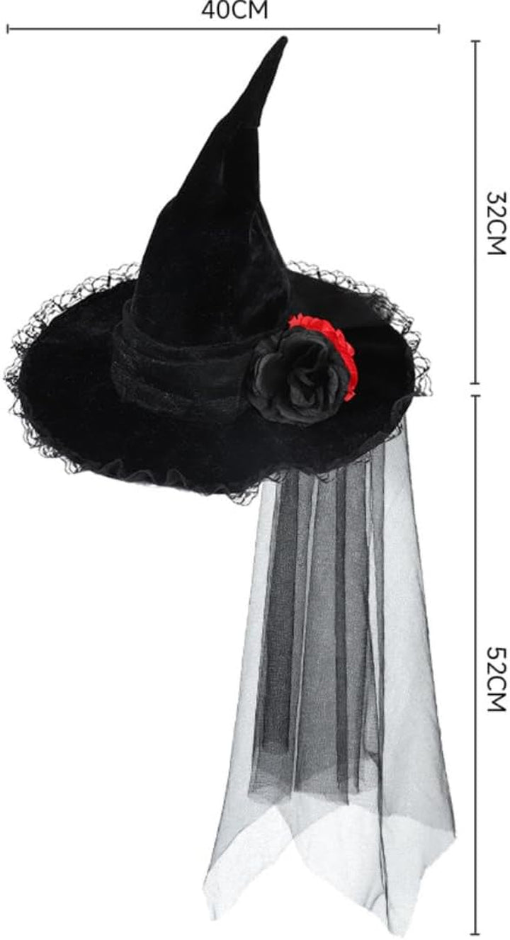 Gothic Witch Hat with Lace Trim, Black Velvet, Red Rose, Halloween Costume Accessory