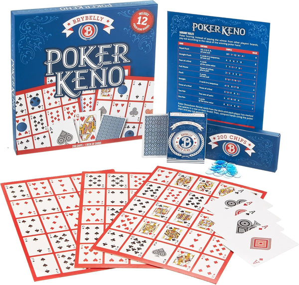 Poker Keno Game Set with Cards and Chips - Adult Family Casino Board Game Night Gift Includes Deck of Playing Cards, 12 Boards, 200 Bingo Chips