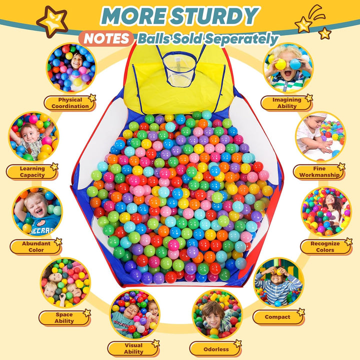 Kids Ball Pit Large Pop up Childrens Ball Pits Tent for Toddlers Playhouse Baby Crawl Playpen with Basketball Hoop and Zipper Storage Bag, 4 Ft/120Cm, Balls Not Included (Blue Yellow Red)