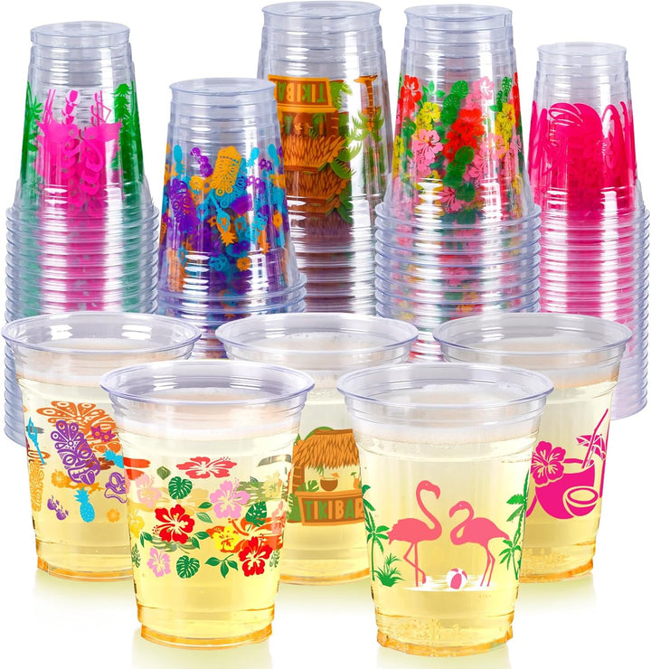 50 Luau Cups for Hawaiian Luau Party Decorations, 12 OZ Tiki Tropical Plastic Disposable Cups for Pool Flamingo Tiki Birthday Party Decor Supplies