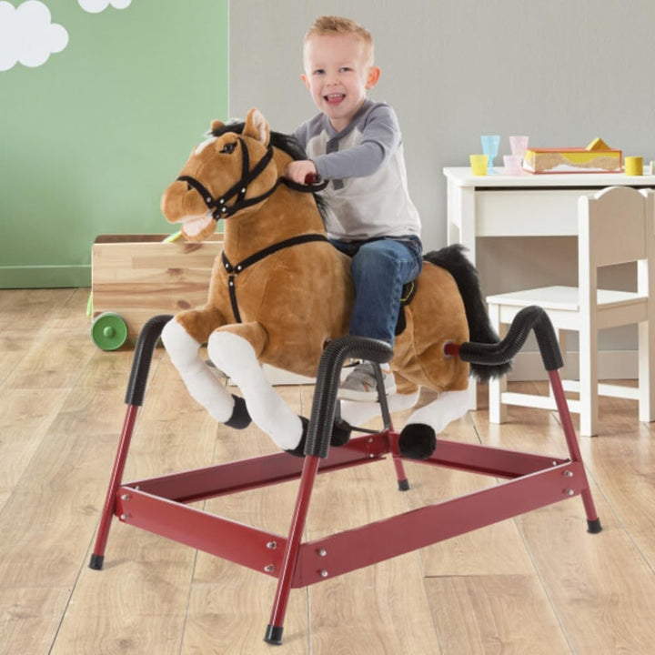 Spring Rocking Horse Plush Ride on Toy with Adjustable Foot Stirrups and Sounds for Toddlers to 5 Years Old by Happy Trails - Brown