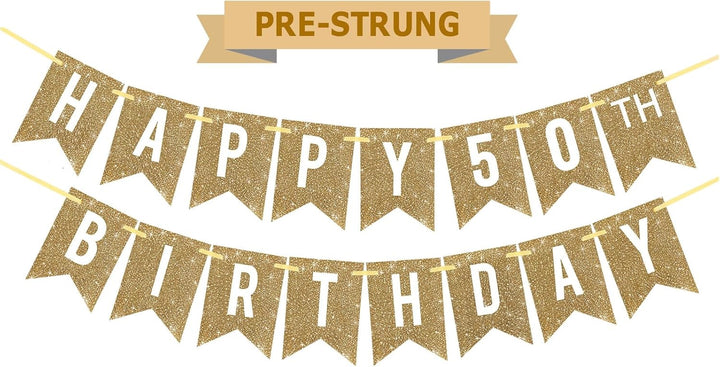 Pre-Strung Gold Happy Birthday Banner Decorations,12 Ft No DIY Gold Glitter Birthday Party Banner Sign Decor for Women Men Girl Boy Party Supplies