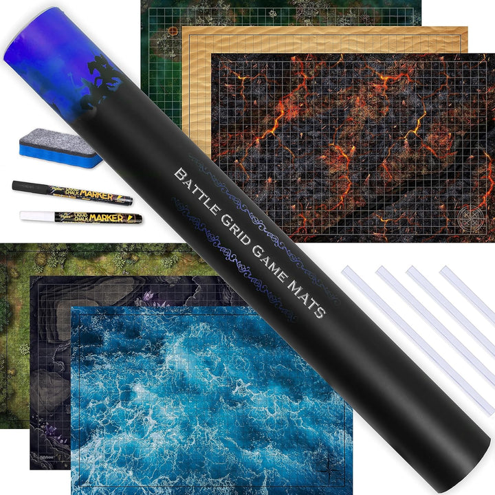 DND Starter Set | 3 X Double Sides 24X 36 Game Grid Mat | 6 Terrains Includes Dry Erase Markers, Eraser, Dice and Clips