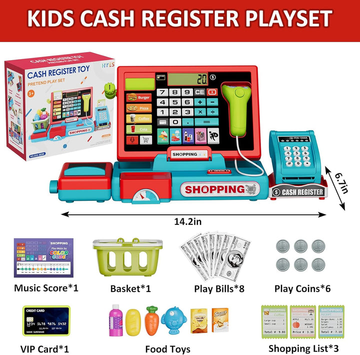 Kids Cash Register Toy Playset with Real Calculator, Toddler Pretend Play Store Incl Scanner/Credit Card/Play Money/Conveyor/Food Toys, Learning Toys Gifts for Boys Ages 4-8 8-12, Red