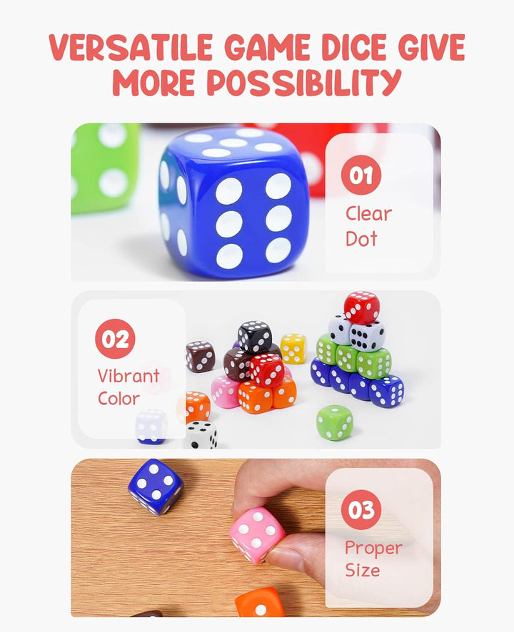 16Mm 6 Sided Dice Set Standard Game Dice Kids for Board Games Dice Games Math Dice for Classroom with Storage Bucket 10 Colors (50, Opaque)