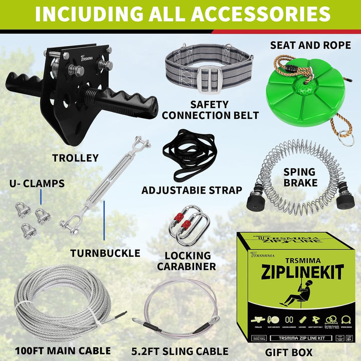 100 Ft /120 Ft /150 Ft/180Ft Zip Line Kit for Kids and Adult up to 380 Lb - Updated Removable Design Trolley and Thickened Seat, Rust Proof W/Safety Harness - Zipline Kits for Backyard