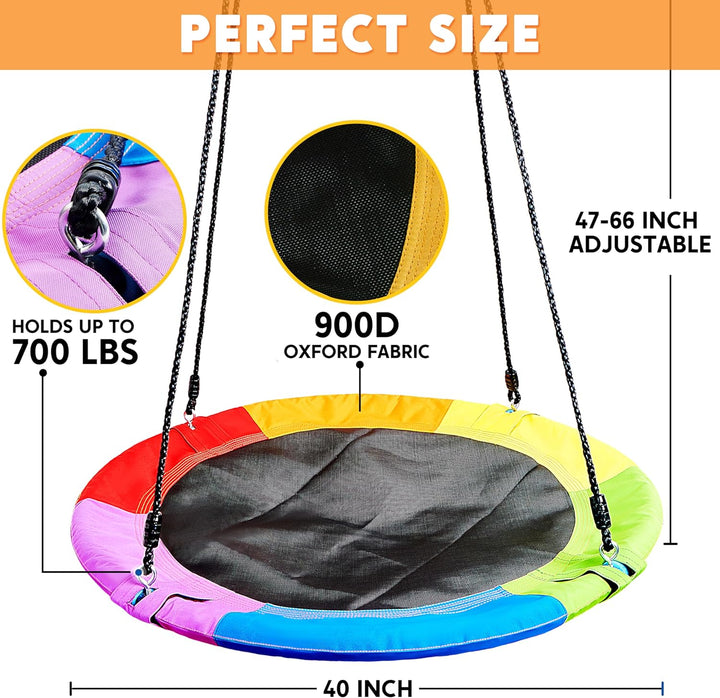 40" Saucer Tree Swing for Kids - 900Lb Weight Capacity, 900D Waterproof Oxford Fabric Platform Swing Seat with Adjustable Ropes for Kids Playground Outdoor Activity Backyard Fun (Rainbow)