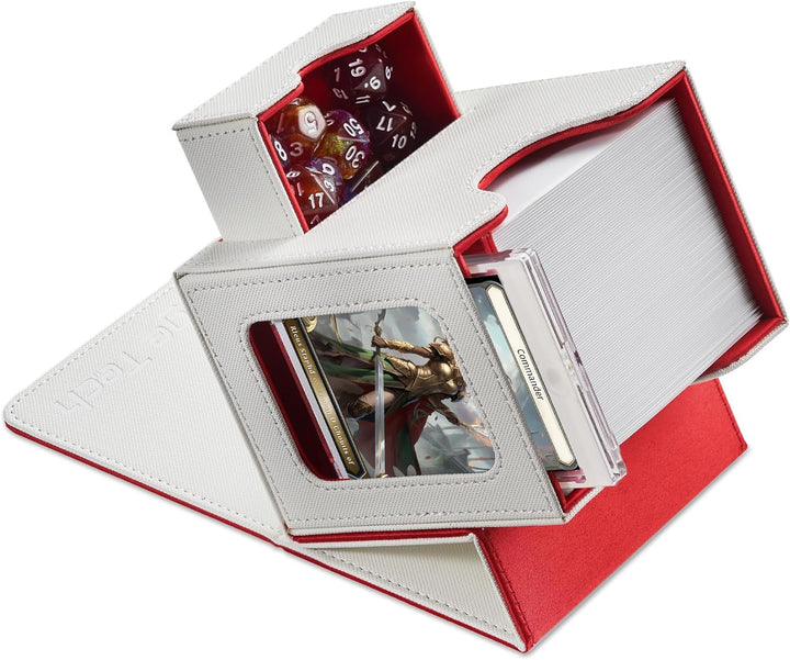 Card Deck Box for MTG Commander - Patented Design, Commander Display, Fits 100 Double-Sleeved Cards, 35Pt Card Brick & Dice Tray - Black/Red