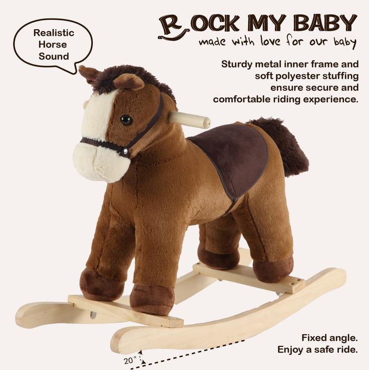 Rocking Horse, Dark Brown Horse Rocker for Toddlers 18M+, Plush Ride on Horse Toy with Realistic Sound,Soft Stuffed Filling, CPC Certified