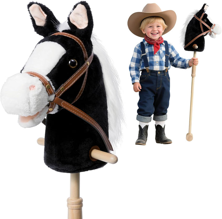 Stick Horse Plush Handcrafted Hobby Horse on a Stick with Wood Wheels Real Pony Neighing and Galloping Sounds for Kids Toddlers Dark Brown 36 Inches(Aa Batteries Required)