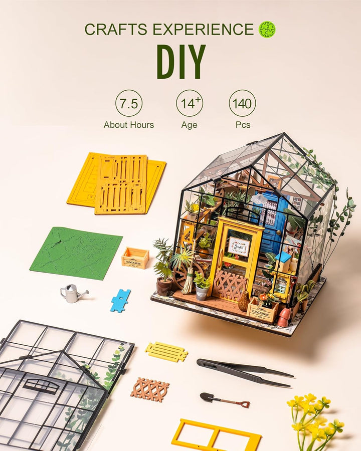 DIY Miniature House Kit Greenhouse, Tiny House Kit for Adults to Build, Mini House Making Kit with Furniture, Halloween/Christmas Decorations/Gifts for Family and Friends (Cathy'S Greenhouse)