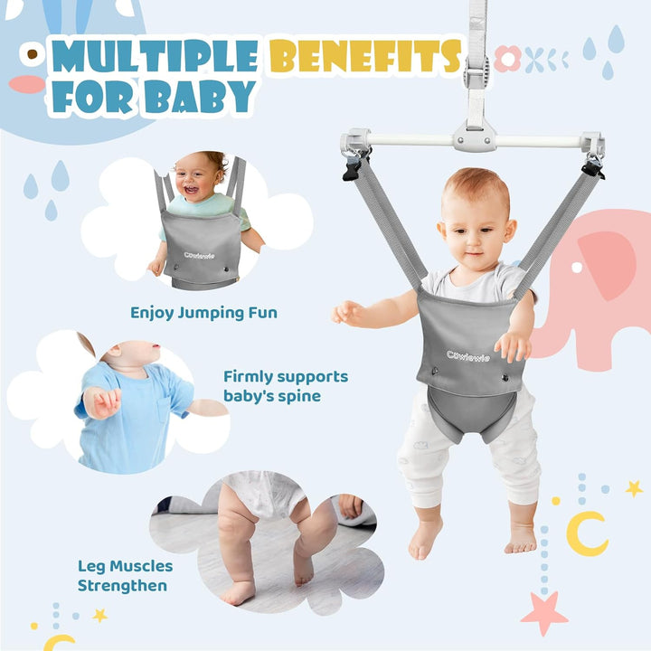 2 in 1 Baby Door Jumper W/Baby Walking Harness Function, Baby Jumper with Door Clamp Adjustable Strap and Seat, Gray