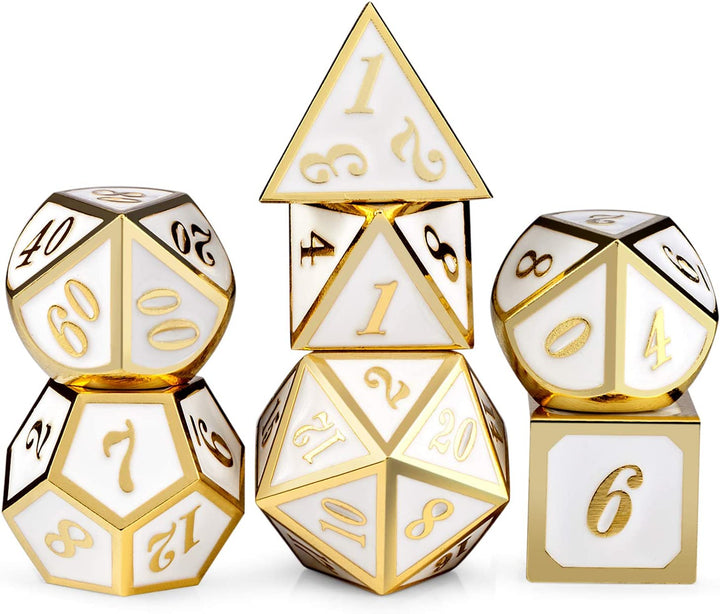 Metal Dice Set D&D, 7 Die Metallic Polyhedral Dice Set with Gift Metal Box and Gold Number for DND Dungeons and Dragons Role Playing Games (Black and Gold)