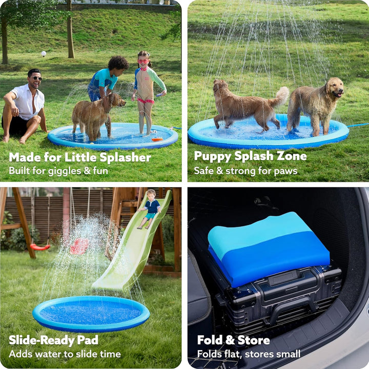 72" Non-Slip Splash Pad Sprinkler - Outdoor Water Toys Play Mat for Toddlers Kids Dogs, outside Thickened Sprinkler Pool Party Durable Backyard Fountain for Girls Boys Pets (72In, Blue)