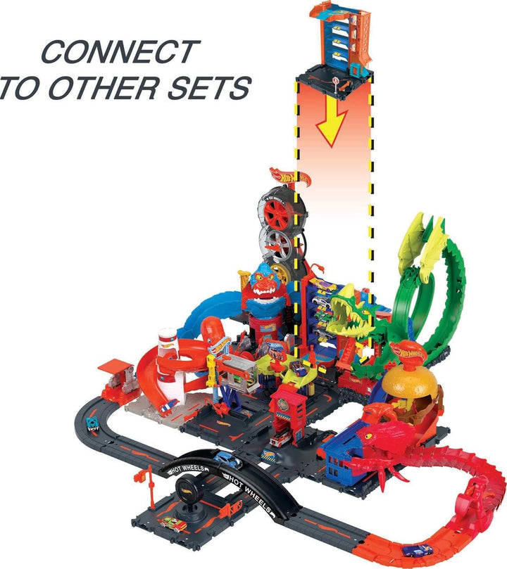 City Toy Track Set, Downtown Car Park Playset with 1:64 Scale Vehicle, 4 Levels, Working Lift & Exit Chute