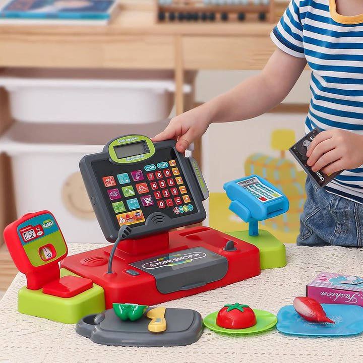 Kids Cash Register Toy Pretend Play with Real Calculator Sound Scanner/Shopping Cart/Food/Play Money, Learning Counter Grocery Store Playset Toys Gift for Kid Boy Girl Age 3 4 5 6 7 8 Years Old