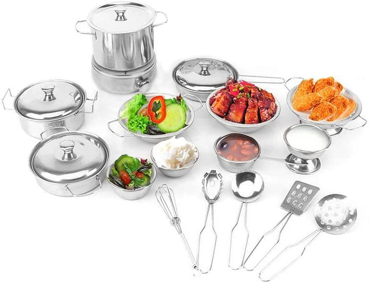 Kids Kitchen Pretend Play Toys, Cooking Toys Play Pots and Pans Set for Kids, 21Pcs Small Stainless Steel Kitchen Cookware Kits Toys, Cookware Playset for Girls, Boys