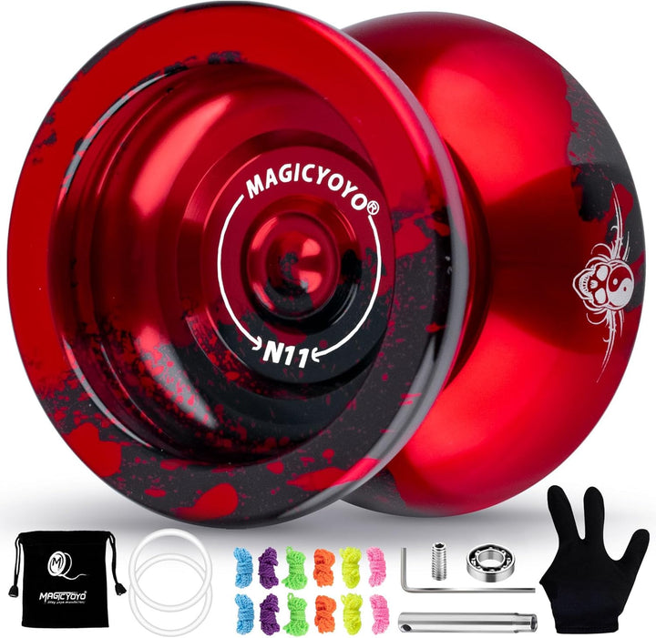 N11 Professional Unresponsive Yoyo N11 Dual Purpose Alloy Trick Yoyo Ball (Black with Golden) with Bag, Glove, 12 Yoyo Strings and Responsive Bearing Kit