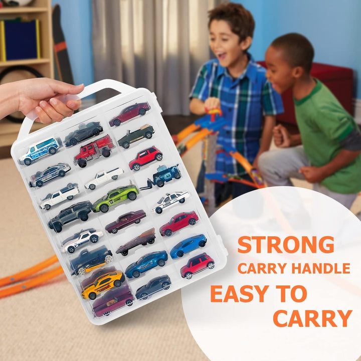 Double Sided Storage Case for 48 Toy Cars, Matchbox Cars, Portable Transparent Storage Case with 48 Compartments, Case Only (Transparent)…