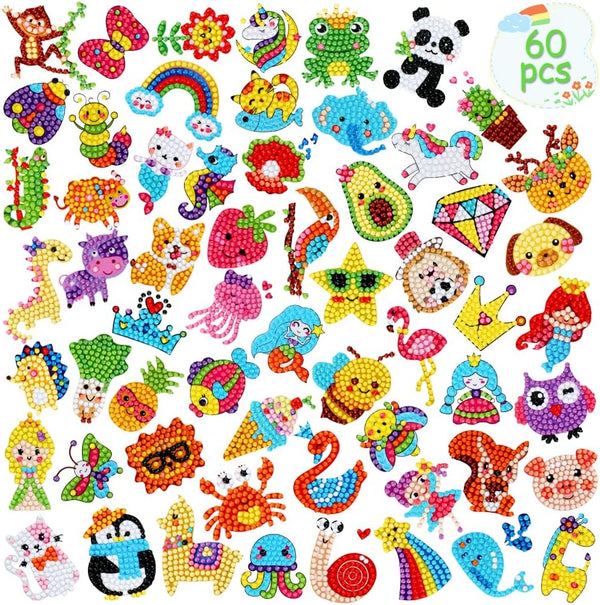 60Pcs 5D Diamond Art Stickers Arts and Crafts Creative Gem Art Paint by Number Kits for Kids Ages 4-6 6-8 8-12 Boys Girls DIY Mosaic Stickers Toys for Birthday Party Halloween Christmas Gifts