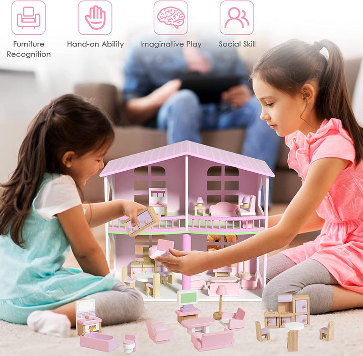 Wooden Dollhouse Furniture Set, 22 Pcs Miniature Dollhouse Accessories Including 5 Room Kits, Little People House Furniture, Doll House Furniture Toys Gift for Girls Boys Age 3+