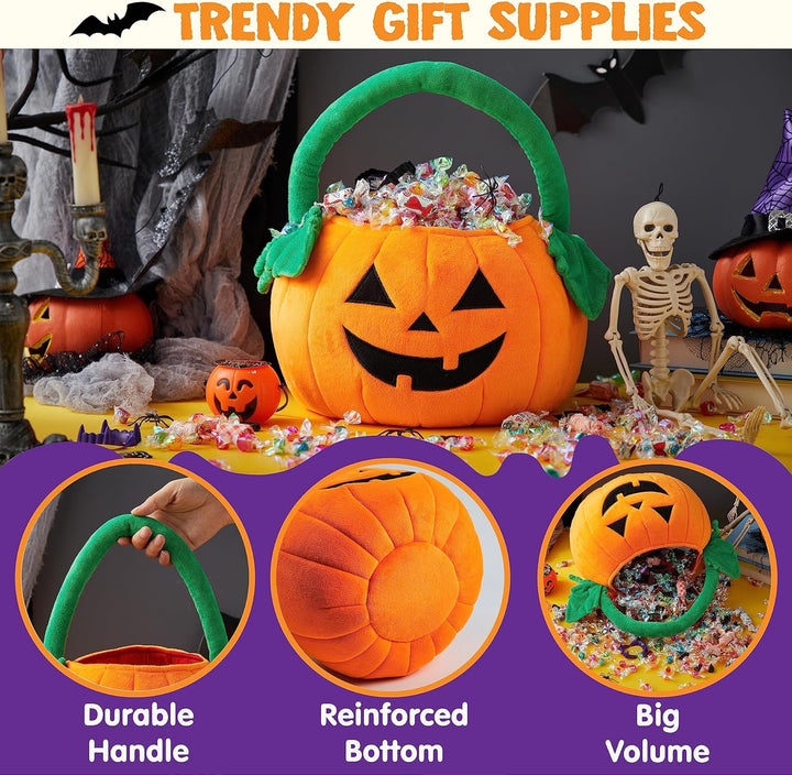Halloween Pumpkin Plush Tote Bucket, 11 X 13.4 Inches Candy Trick or Treat Bag, Cute Halloween Basket with Handle for Kids Girl Boy Trick or Treating, Party Favor Supplies , Kids Gifts Goody Bag