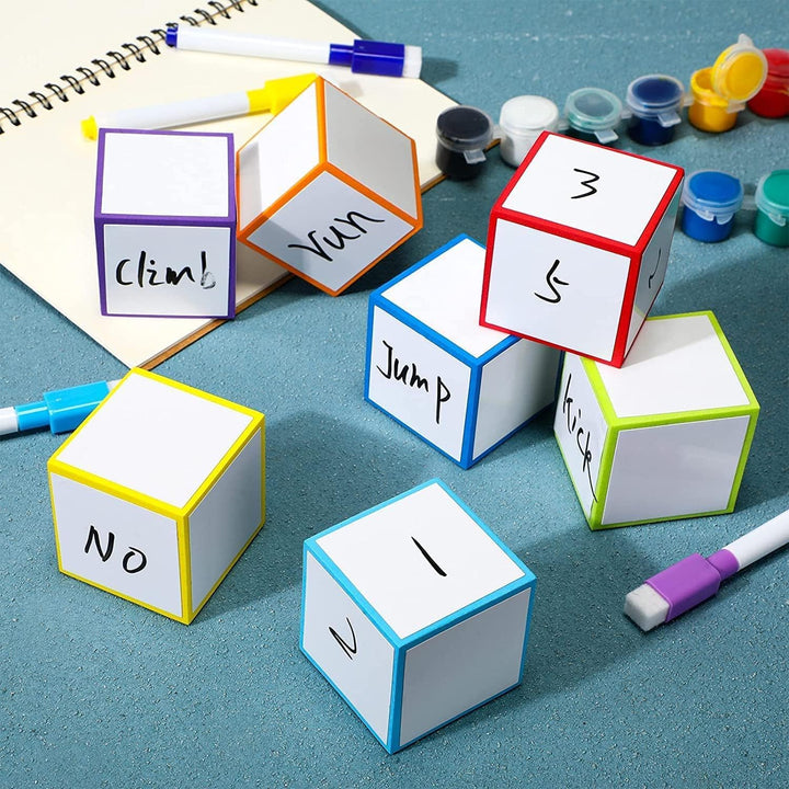 Dry Erase Dice Set of 4-2X2 Inches Multipurpose Colorful Write on Wipe off Dry Erase Blocks Blank Pocket Dice to Draw Letters Numbers and Much More Educational Classroom Supplies for Kids (8+1)
