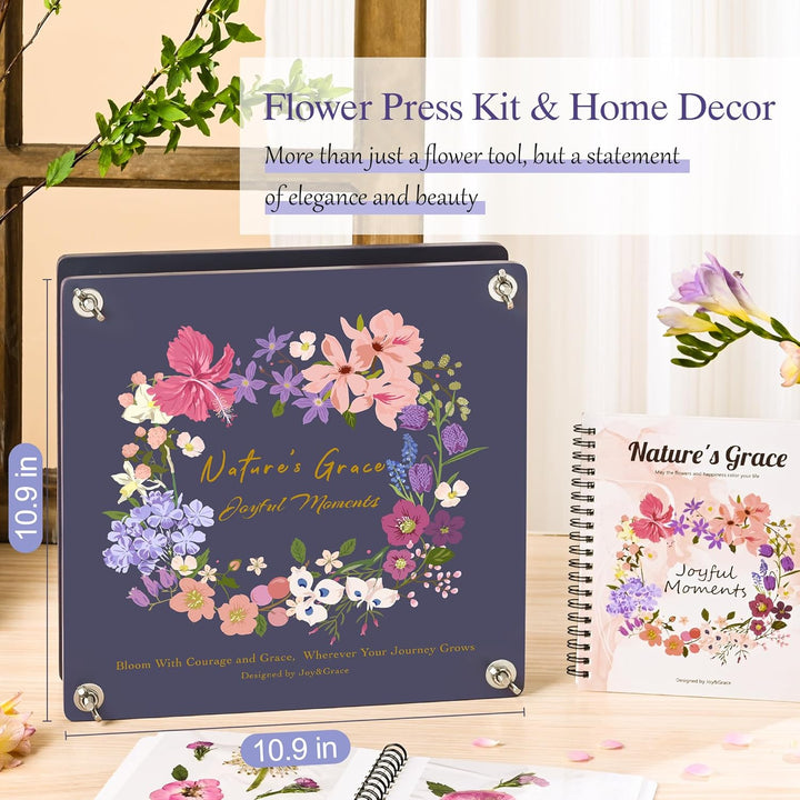 Flower Press Kit for Adults & Kids, with Designed Cover and DIY Album, 10.9" X 10.9" 10 Layers Flower Preservation Kit, Plant Press and Large Plant Drying Toolkit (Color Box, Purple Navy)