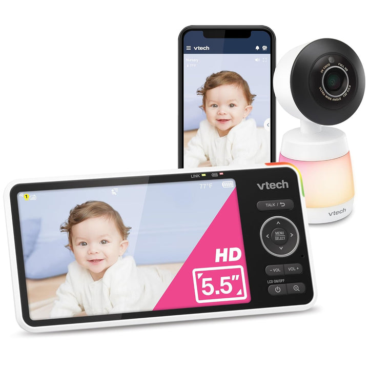 Smart Wifi Baby Monitor, 2K CMOS Sensor Camera, 5.5-Inch HD IPS Screen, Clear Infrared Night Vision, Pan-Tilt, 24X Zoom, 2-Way Talk, Multi-Color Night Light, Soothing, Free App: Smart HD Plus
