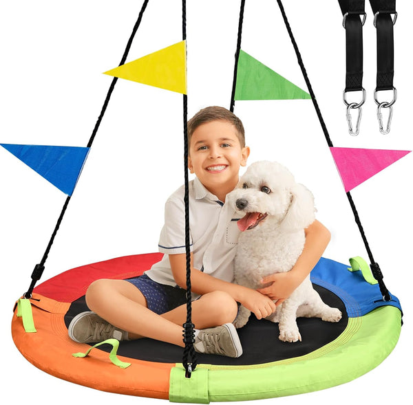 Tree Swing, Saucer Swing, 40 Inch 900Lbs Weight Capacity, with Adjustable Hanging Straps, for Backyard Outdoor, Multicolor, Circle round Disc, Gifts for Kids