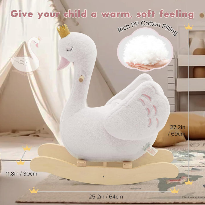 Kids Rocking Horse White Swan, Stuffed Animal Wooden Rocker for Children 6 Months Boys and Girls/Nursery Christmas, Birthday Gift (Rocking Swan)