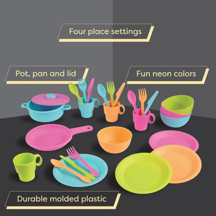 27-Piece Bright Cookware Set, Plastic Dishes and Utensils for Play Kitchens