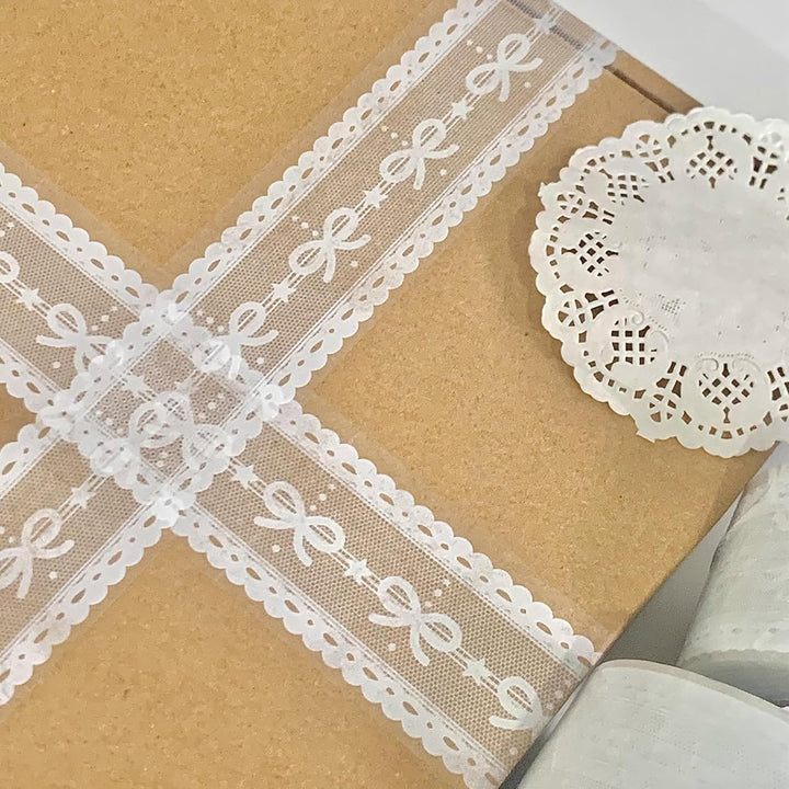 100M Lace Patterns PET Tapes White Bow Arts Decorative Tape Set Adhesive Transparent Masking Tapes for DIY Craft, Kids, Scrapbook, DIY, Gift Wrapping, Journal