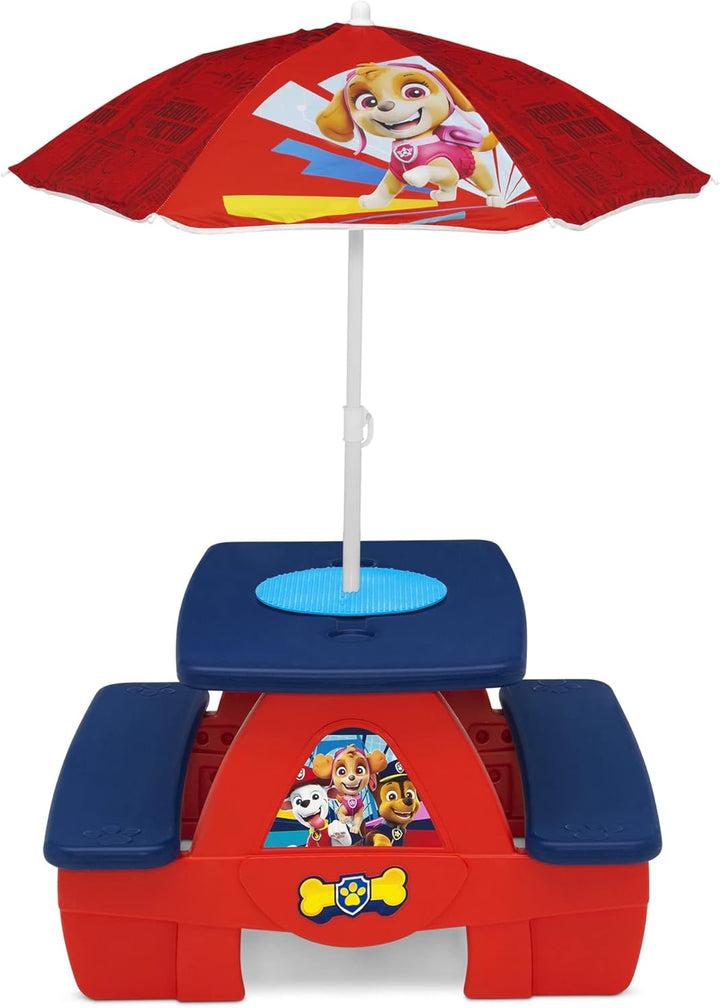 4 Seat Activity Picnic Table with Umbrella and Lego Compatible Tabletop, PAW Patrol