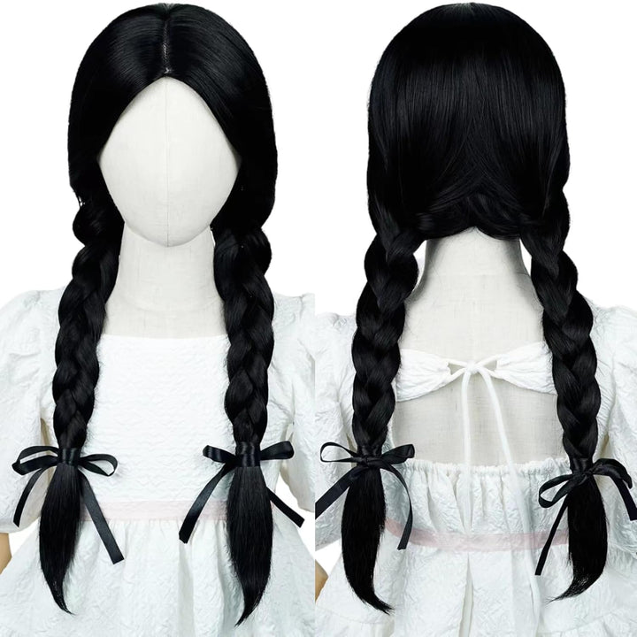 Long Straight Black Kids Wig with Flower Hair Clip, Wigs for Girls Toddler Cosplay 27.6'' Synthetic Hair + Wig Cap for Halloween Party Daily Costumes