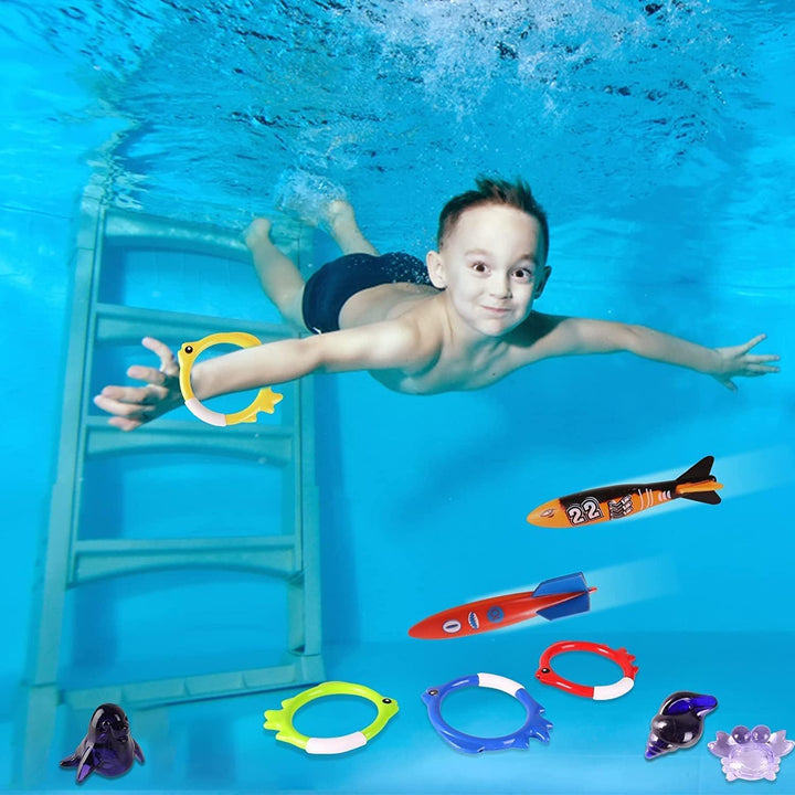Summer Pool Diving Swimming Toys for Kids, Fun Swim Games Sinking Set, Underwater Dive Gifts with Storage Bag Include Torpedo Gems Shark Rings Sea Animals for Boys Girls Toddlers 20 Packs