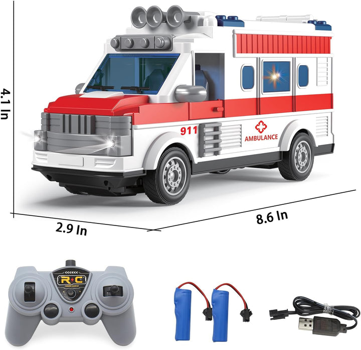 1/30 Remote Control Ambulance, 2.4G RC Play Ambulance Car Toy 4 Channel Electric Ambulance Vehicles Emergency Rescue Cars with Lights, Opening Door, Gifts for Kids Boys Girls Age 3 4 5 6 7