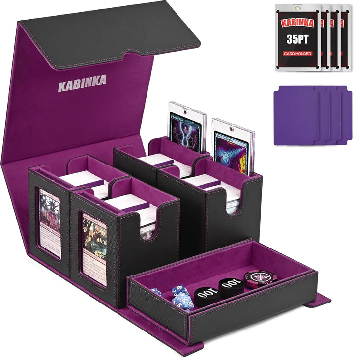Card Deck Box for MTG with Commander Display, 5 in 1 Card Storage Box Fits 400+ Double-Sleeved Cards, Removable Deck Case for Tcg/Sports Cards with Dice Tray, 4 Magnetic Card Holders (Black Purple)