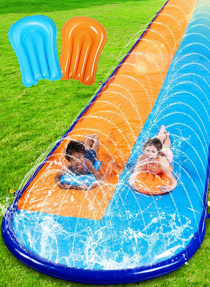 32.5FT Double Water Slides, Heavy Duty Lawn Slip and Slide with Sprinkler and 2 Inflatable Boards Backyard Yard Lawn Summer Outdoor Water Toy for Kids Adults