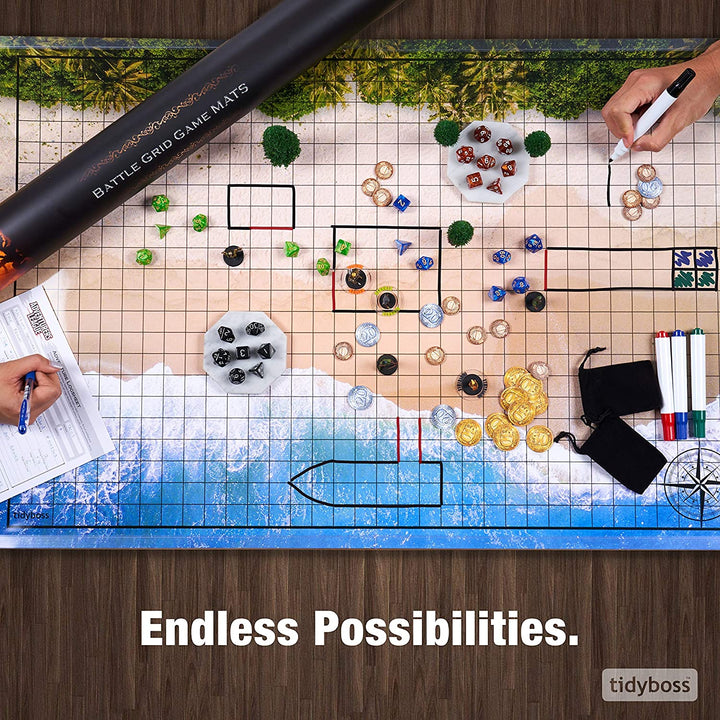 DND Starter Set | 3 X Double Sides 24X 36 Game Grid Mat | 6 Terrains Includes Dry Erase Markers, Eraser, Dice and Clips