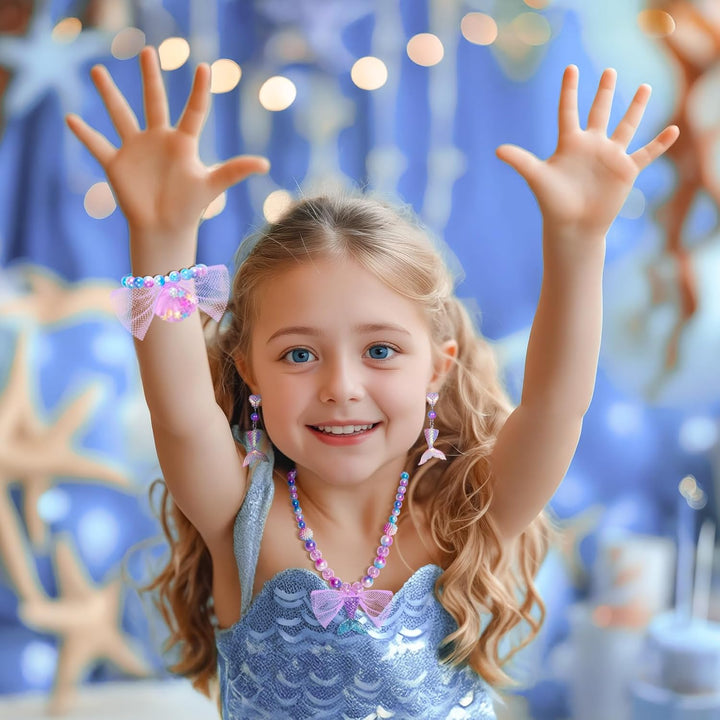 Mermaid Toys Princess Mermaid Jewelry for Girls Mermaid Necklace Bracelet Ring Earrings for Kids, Mermaid Accessories Set for Girls Age 3-8 Mermaid Costume Birthday Party