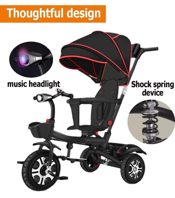 Folding Toddler Stroller Buggies, Parent Steering Tricycle with Pushrod, Children Pram Headlight and Shock Spring, Reversible Seat Guardrail Belt(Black Purple)