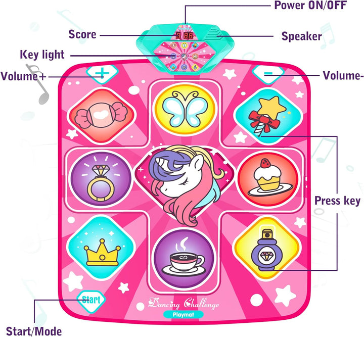 Unicorn Dance Mat, Dance Mixer Rhythm Step Play Mat, Pink Dance Pad with LED Lights, Adjustable Volume, Built-In Music, 5 Game Modes, Xmas B-Day Gifts for 3-12 Years Old Girls Toys