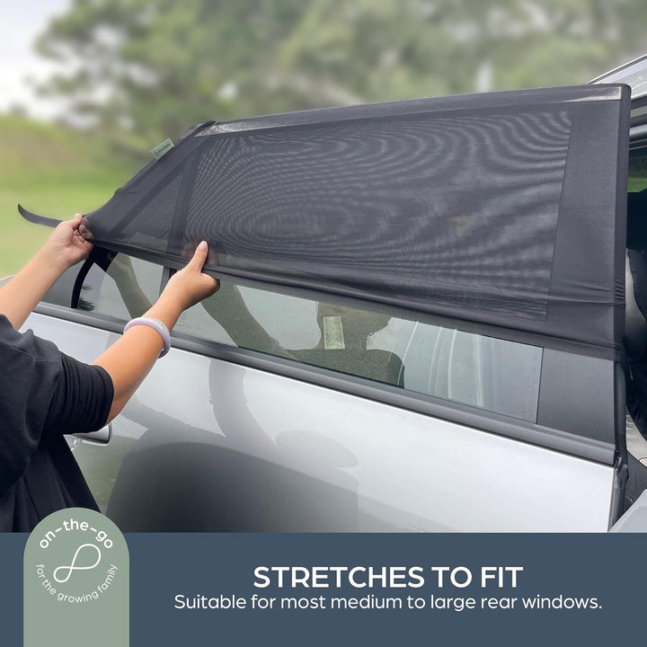 Fit-Over Baby Car Window Sun Shade – Stretchable Car Window Sunshade & Mesh Window Screen for Side Windows - Baby Window Cover for UV Protection- Car Camping Essentials