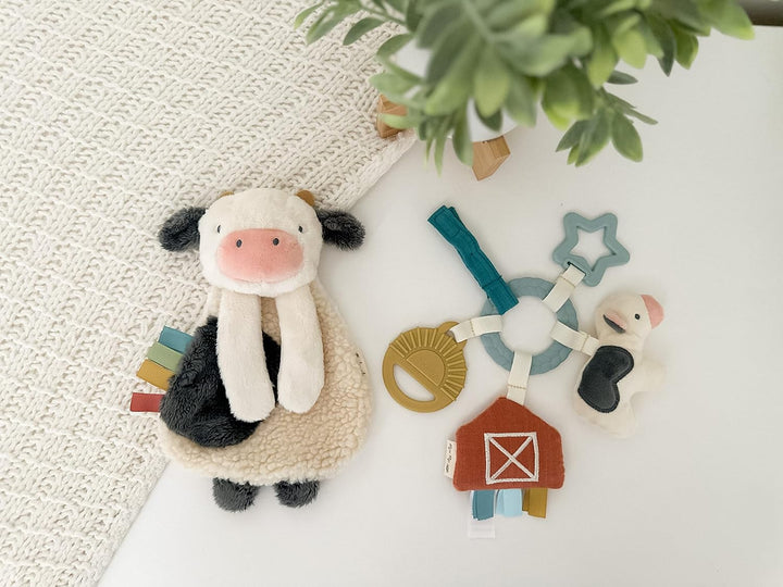 Farm Toy Gift Set - Includes Cow Lovey & Farm-Themed Busy Ring Car Seat and Stroller Toy - Features Crinkle Sounds, Engaging Textures & Silicone Teething Relief (Farm)
