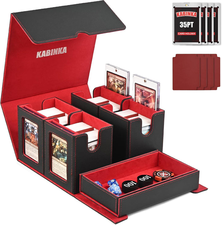 Card Deck Box for MTG with Commander Display, 5 in 1 Card Storage Box Fits 400+ Double-Sleeved Cards, Removable Deck Case for Tcg/Sports Cards with Dice Tray, 4 Magnetic Card Holders (Black Purple)