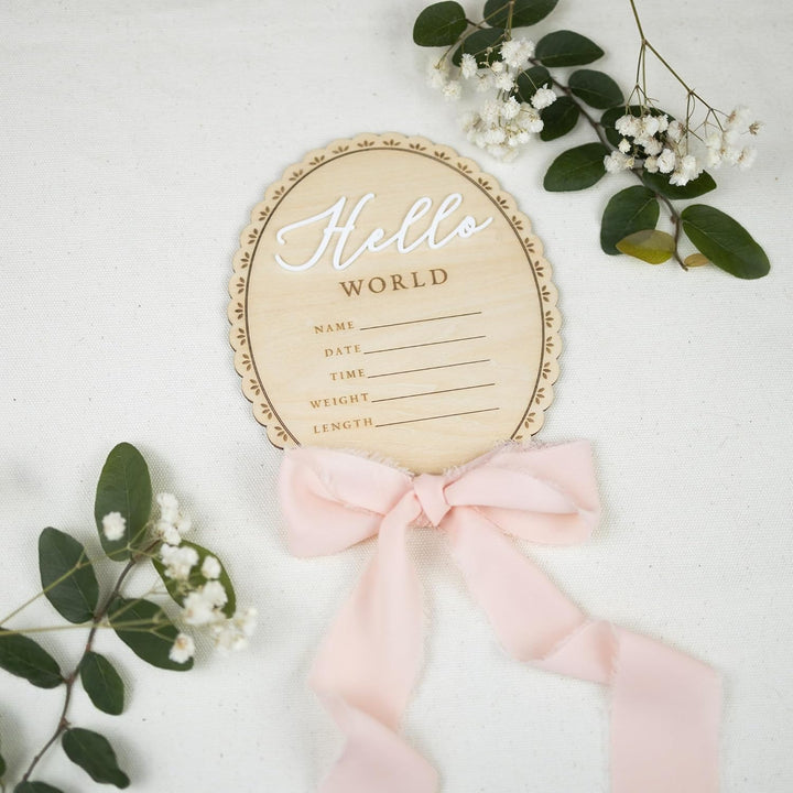 Baby Announcement Sign 6.5 Inch Wooden Hello World Newborn Welcome Sign Birth Baby Name Plaques for Photo Props Baby Shower Hospital Nursery (BOW CUT)